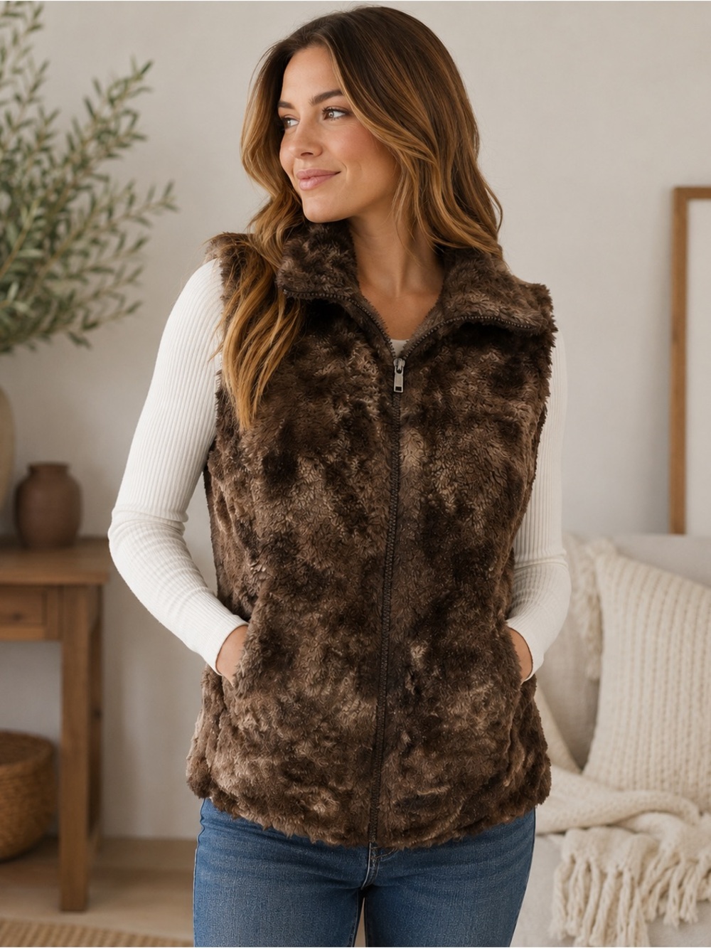 Vintage Andrea Faye Faux Fur Vest Brown Plush Zip Front Boho Western Layering S